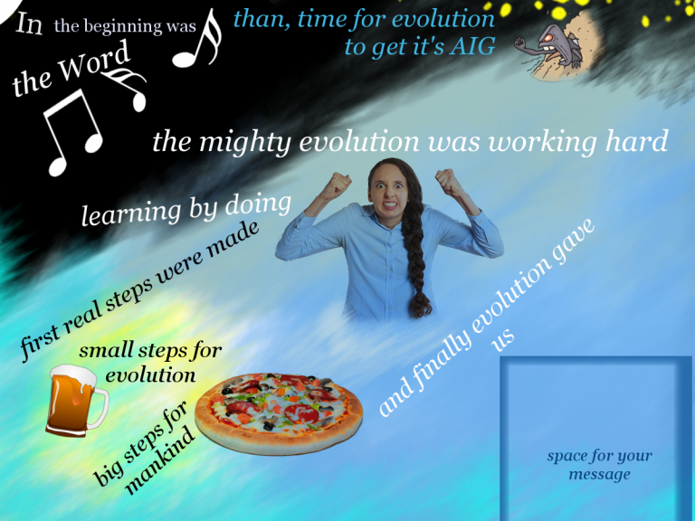 lustige Darstellung für Werbung. Es geht um die Evolution und am Ende gibt es Pizza und Bier als größten Schritt der Menschheit.